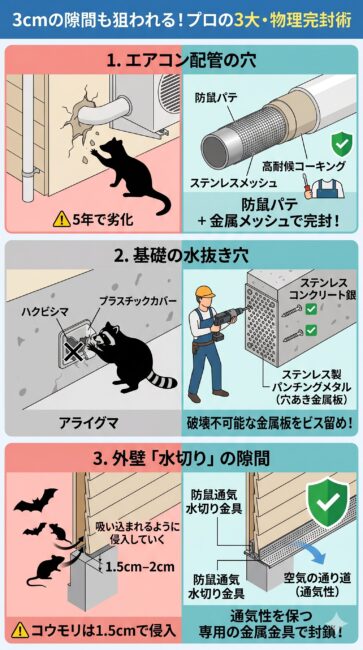 アライグマやハクビシンの侵入を100%防ぐ大工プロの3大・侵入口完封工法の構造図解。1段目はエアコン配管壁穴の対策で、パテが劣化した隙間にステンレスメッシュと防鼠パテを施す二重完封。2段目は基礎コンクリート水抜き穴の対策で、アライグマの顎力でも破れない頑丈なステンレス製パンチングメタルをコンクリートビスで直留めする工法。3段目はサイディング外壁下端の「水切り」隙間の対策で、コウモリやネズミの侵入を防ぎつつ空気を通す専用のステンレス製防鼠通気水切り金具を全幅に設置するミリ単位の大工技術を対比して解説しているイラスト。