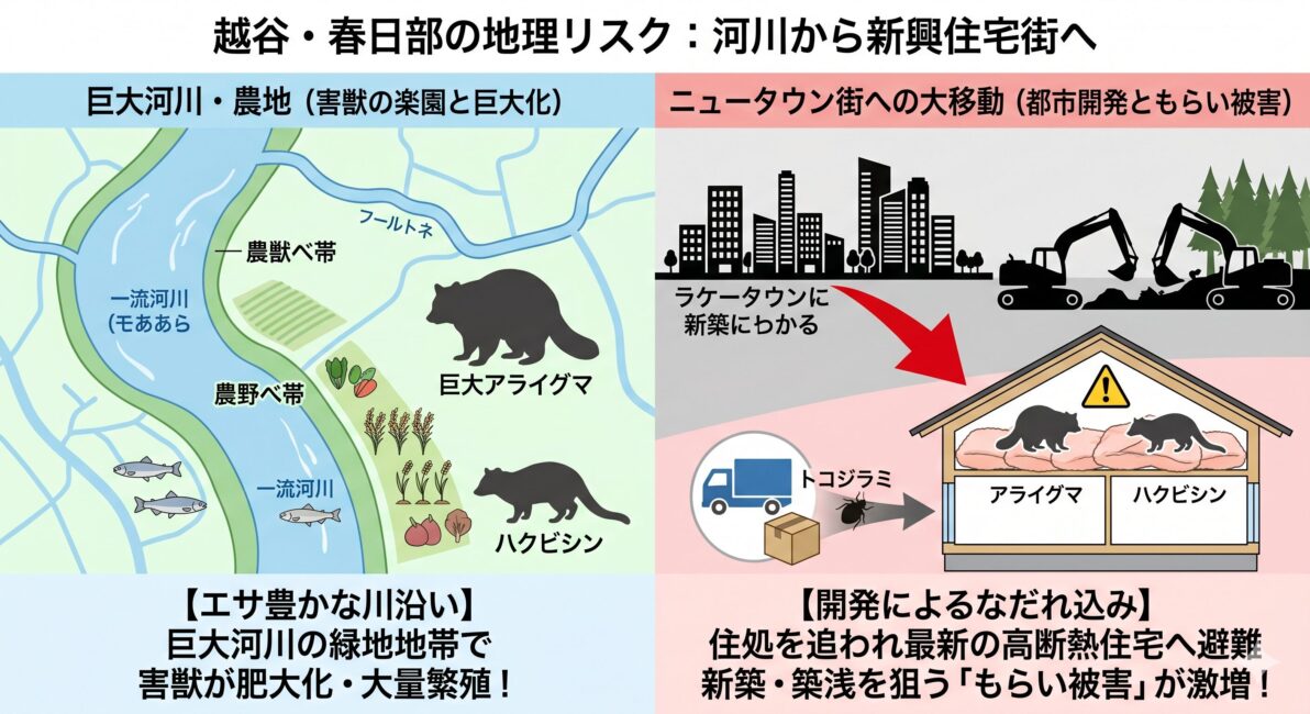 越谷市・春日部市特有の地理的条件による害獣・トコジラミ繁殖と移動リスクの図解。左側は、元荒川や古利根川などの巨大河川や農地がエサの楽園となり、ハクビシンやアライグマが巨大化・大量繁殖する背景を描写。右側は、レイクタウンなどの急激なニュータウン開発の重機によって住処を追われた害獣たちが、フカフカの断熱材がある快適な最新高断熱住宅の天井裏に一斉になだれ込む「もらい被害」の構造を解説。物流網からトコジラミが持ち込まれる家庭内リスクもあわせて対比して描いたイラスト。