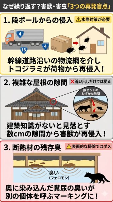 埼玉県東部エリア（越谷・春日部・上尾）の住宅で害獣やトコジラミが再発する3つの盲点を解説した図解。1段目は「物流リスク」として、国道4号・16号沿いの物流段ボールからトコジラミが室内に再持ち込みされる水際対策の盲点。2段目は「木造住宅の構造」として、複雑な屋根や軒下の数センチの隙間からハクビシンやネズミが再侵入するリスク。3段目は「断熱材の汚染」として、表面的な掃除では消えない断熱材の奥の糞尿臭（フェロモン）が別の個体を呼び寄せるマーキングの原因になる仕組みを対比して解説したイラスト。