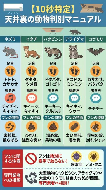 天井裏の害獣（ネズミ、イタチ、ハクビシン、アライグマ、コウモリ）の足音、鳴き声、フンの特徴をまとめた、大工プロ監修の10秒特定マニュアル画像。各動物の足音の擬音語、鳴き声、フンの形状や特徴、注意点などがアイコンと短いテキストで分かりやすく図解されています。
