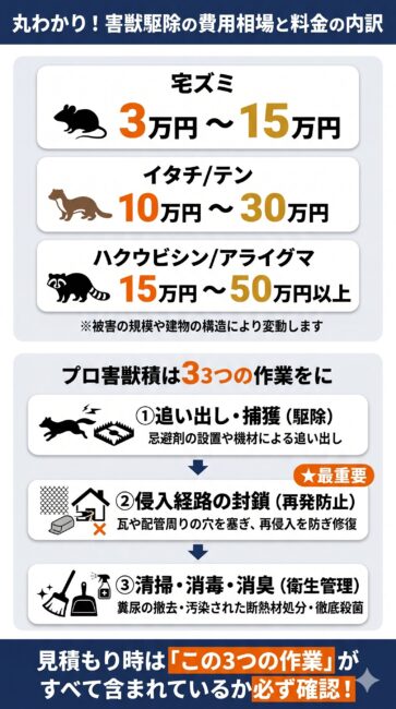 害獣駆除の種類別費用相場と料金の内訳を解説した図解イラスト。ネズミ（3万〜15万円）、イタチ・テン（10万〜30万円）、ハクビシン・アライグマ（15万〜50万円以上）の相場を比較。また、業者の料金に含まれる3つの作業として、1.追い出し・捕獲、2.侵入経路の完全封鎖、3.糞尿の清掃・消毒・消臭を一貫して行うプロの手順を、スマホで見やすいインフォグラフィック形式で紹介しています。