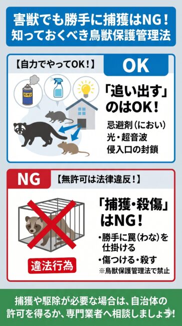 鳥獣保護管理法に基づく害獣対策のルールを解説した図解イラスト。自力で行ってよい『忌避剤や光・音での追い出し・侵入口の封鎖（OK）』と、無許可で行うと違法となる『箱罠などでの捕獲や殺傷（NG）』を青と赤の色分けで分かりやすく対比しています。本格的な駆除には自治体の許可や専門業者が必要である旨も記載されています。