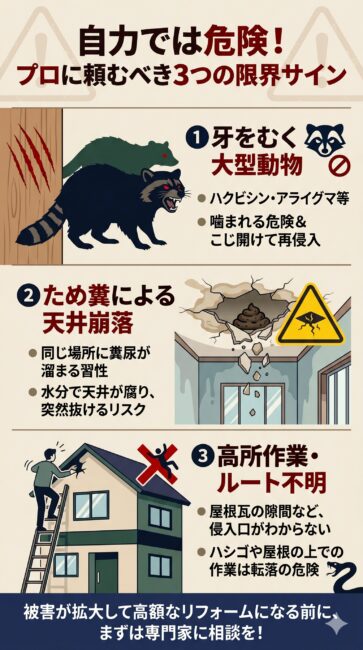 屋根裏害獣の自力駆除が困難な3つのパターンを解説した図解イラスト。1.ハクビシンやアライグマなどの大型動物による威嚇・再侵入の危険、2.ため糞の水分で天井板が腐り落ちる天井崩落・踏み抜き事故のリスク、3.高所での侵入口特定や封鎖作業に伴う転落の危険性を、スマホで見やすい縦型のインフォグラフィックで紹介しています。