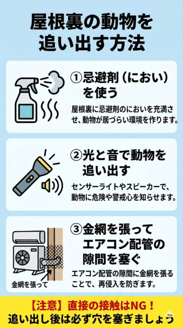 天井裏の害獣を自力で追い出す3つの方法を解説した図解イラスト。1.忌避剤（におい）の設置、2.LED投光器や超音波（光と音）の活用、3.最重要ステップとしてエアコン配管（スリーブ穴）の隙間を防獣パテや金網で頑丈に封鎖する方法を、スマホで見やすいインフォグラフィック形式で紹介しています。