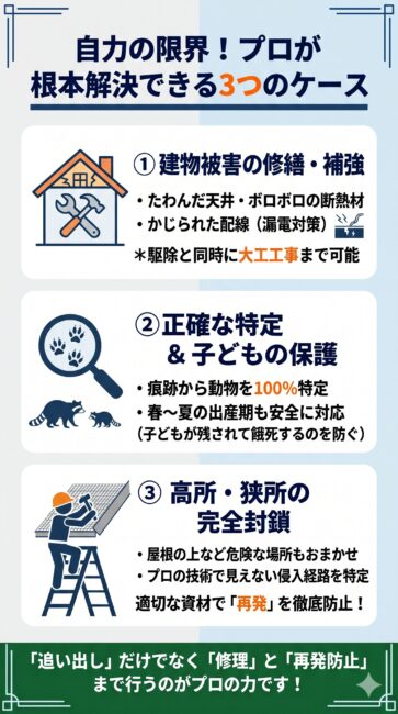 天井裏の害獣駆除をプロに依頼すべき3つのケースを解説した図解イラスト。1.変色した天井板や断熱材・配線ダメージの修繕、2.専門知識による動物の特定と出産期（親子）への慎重な対応、3.屋根の上などの高所・狭所における侵入口の完全封鎖と再発防止策を、スマホで見やすい縦型のインフォグラフィックで紹介しています。