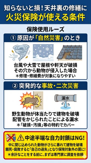 害獣被害による天井裏の修繕に火災保険が適用されるルールを解説した図解イラスト。台風や雪などの自然災害でできた隙間から侵入された場合と、突発的な動物の衝突破壊や漏水などの二次災害の2ルートで保険が使える仕組みを説明しています。中に動物がいる状態で侵入口を中途半端に自力封鎖すると、過失とみなされ保険適用外になるリスクがある点も警告しています。