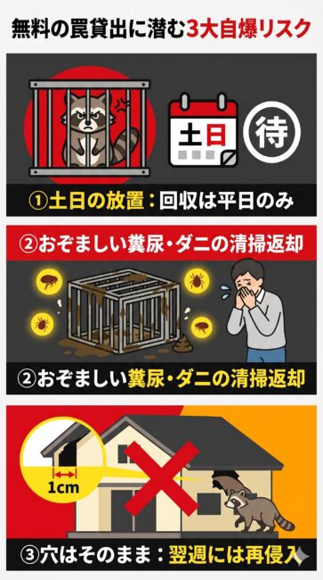市役所の無料の罠・捕獲器貸出しに潜む3大自爆リスクの図解。土日に捕獲すると平日の役所受付まで野生獣を自宅放置するタイムロス、糞尿やノミ・ダニまみれのケージを自力で高圧洗浄して返却する衛生リスク、役所は侵入口を塞いでくれないため1cmの隙間から翌週に再侵入される根本解決の欠如を解説したイラスト。
