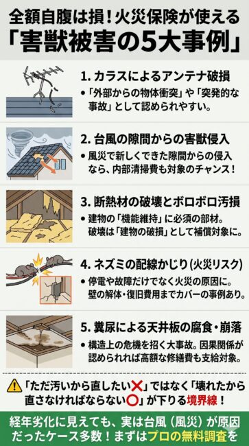 害獣被害で火災保険が適用される具体的な5つの事例と解決策をまとめたインフォグラフィック。