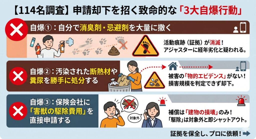 114名調査に基づく火災保険申請却下を招く「3大自爆行動」の図解。
