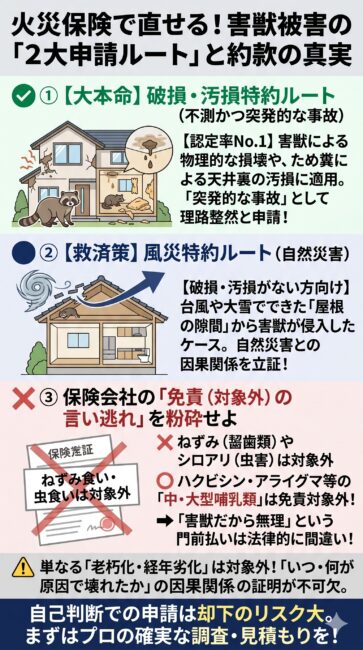 害獣被害に火災保険が適用できる理由と2大申請ルート、約款の正しい法的解釈をまとめた図解インフォグラフィック。