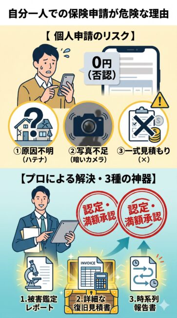 火災保険の個人申請リスクとプロが使う「3種の神器」の図解。