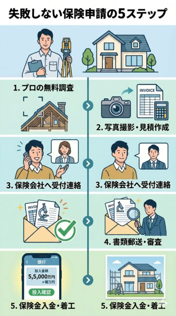火災保険を活用した害獣被害修繕の「失敗しない申請5ステップ」の図解。