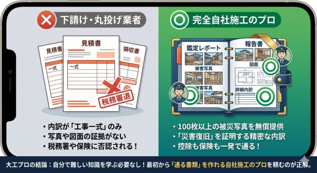 確定申告の雑損控除や火災保険の申請で否認されないための業者選びを解説した比較図解。左側は下請け丸投げ業者のリスクとして、工事内訳明細書が『一式』とだけ書かれたいい加減なもので、写真などの証拠がないため税務署や保険会社に否認される様子をグレーで記載。右側は完全自社施工の大手プロの強みとして、100枚規模の被害写真や図面付き鑑定レポートを無償で作成し、どの工事が災害復旧に当たるかを緻密に証明するため、雑損控除も保険もスムーズに一発で通る仕組みを緑色で記載。特定の業者名は出さず、自社施工プロの書類作成能力の重要性を説明している図解。