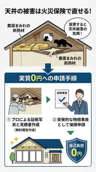 「害獣被害の天井汚損リフォームは『火災保険』で実質0円に！賢い業者の活用手順」の図解イラスト。上段はハクビシン等の糞尿で汚損・破壊され崩落寸前の断熱材と天井板の危険な状態。下段は「破損・汚損特約」を適用させて実質0円修繕を勝ち取る手順として、①プロが保険会社へ提出する証拠写真と見積書を無料作成、②経年劣化ではなく突発的な物損事故として正しく保険申請、の2ステップを経て自己負担金0円で天井リフォームを完了する流れを解説したインフォグラフィック。