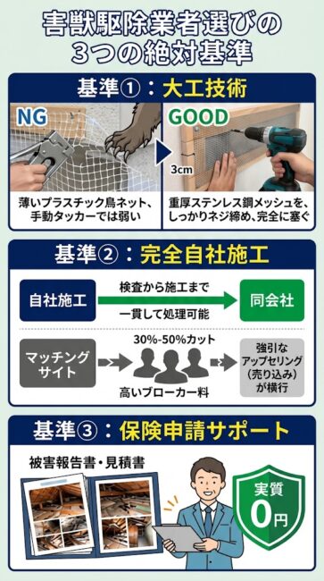【2026年最新】大工プロが重視する害獣駆除業者選びの3つの絶対基準の図解。1つ目は「大工リフォーム技術」で、簡易ネットによるNG施工と、ステンレスネットをビス留めして3cmの隙間を完封するGOOD施工の比較。2つ目は「完全自社施工」で、30〜50%の中間手数料を中抜きして強引なオプション営業を行うマッチングサイトと、一貫対応で安心な自社施工の違いを解説。3つ目は「火災保険申請サポート」で、アジャスターを納得させる高精度な被害報告書を無料作成し、自己負担0円（実質無料）に導く様子を描いたインフォグラフィック。