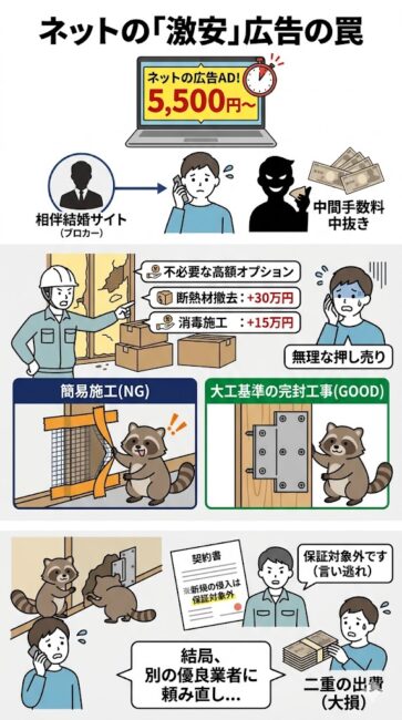 【大工の警告】ネットの格安広告「激安5,500円〜」に釣られて下請け業者に依頼した失敗事例の図解。左側は、中抜き中間手数料によって下請け業者が現地で強引な高額オプション営業を行い、簡易施工で数ヶ月後に害獣が再発する流れ。右側は、保証対象外だと言い逃れされ、結局、別の優良業者に一から頼み直すことになり、駆除費用が二重に発生してしまう最悪の結末を解説したインフォグラフィック。