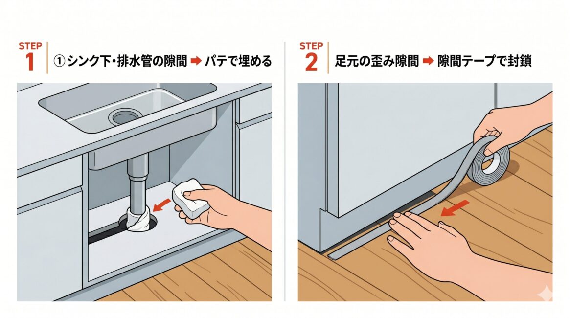 ゴキブリをキッチンへ侵入させないための2大暗闇侵入口の完全閉鎖術を解説した図解イラスト。シンク下の排水配管と床板の隙間をパテで埋める方法、キッチンの最下部（台輪・ケコミ部）とフローリングの間にできた隙間を防虫テープ等で接着封鎖する方法を説明しています。