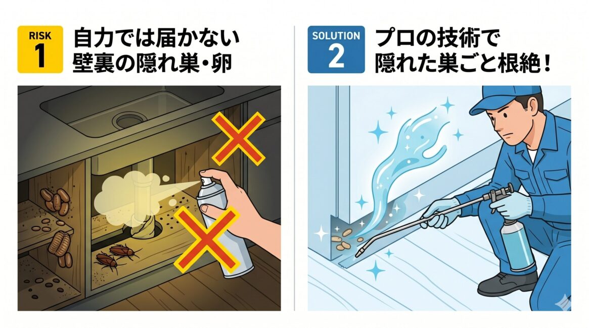 システムキッチンの裏側に潜むゴキブリをプロに完全駆除してもらうメリットを解説した図解イラスト。隠れた巣を特定して専門薬剤の注入や侵入経路の閉鎖を行うプロセスを説明しています。