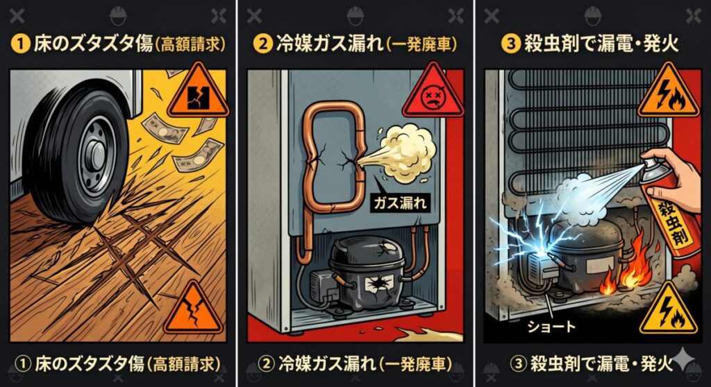 冷蔵庫を掃除のために自力で無理に動かすリスクを解説する図解イラスト。①無理に引きずることでフローリングがズタズタになり高額な原状回復費がかかるリスク、②背面の冷媒ガス管を曲げてガス漏れさせ冷蔵庫を物理破損させるリスクを視覚的に説明しています。