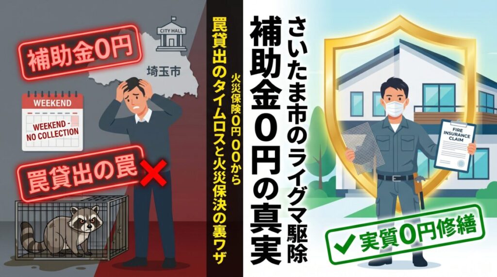 【大工プロが暴露】さいたま市のアライグマ補助金は0円！罠貸出のタイムロスと火災保険0円解決の裏ワザ