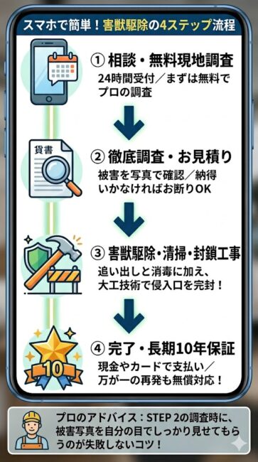相談から駆除・再発防止完了までの流れを4つのステップで解説した縦型タイムラインの図解。ステップ1は『無料相談・現地調査』で24時間受付と無料調査を説明。ステップ2は『徹底調査・見積もり』で、被害状況を写真で確認し納得してから契約できる点を説明。ステップ3は『駆除・清掃・完全封鎖』で、害獣の追い出しや消毒だけでなく、大工技術で侵入経路を頑丈に塞ぐ最重要工程を説明。ステップ4は『完了・最長10年保証』で、支払いを経て最長10年の長期破損保証がスタートする流れを説明。全体を通して初めてでも安心なわかりやすいステップとして表現。