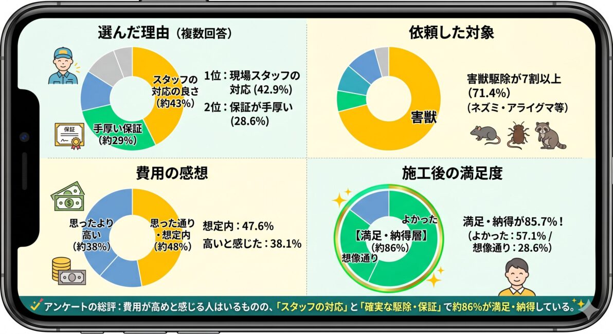 独自アンケートに基づく、プロの技術を持つ害獣駆除サービスの満足度と選定理由の調査結果図解。4つのグラフで構成され、選んだ理由は『現場スタッフの対応の良さ 42.9%』『手厚い保証 28.6%』が上位。依頼対象は『害獣駆除が71.4%』で最多。費用の感想は『思った程度・想定内が47.6%』『思ったより高いが38.1%』。施工後の満足度は『よかった 57.1%』と『想像通り 28.6%』を合わせて85.7%が満足・納得している。総評として、費用は安くないものの、スタッフの対応や確実な駆除と手厚い保証に対して多数派が納得し、高い満足度を得ていることを示している。