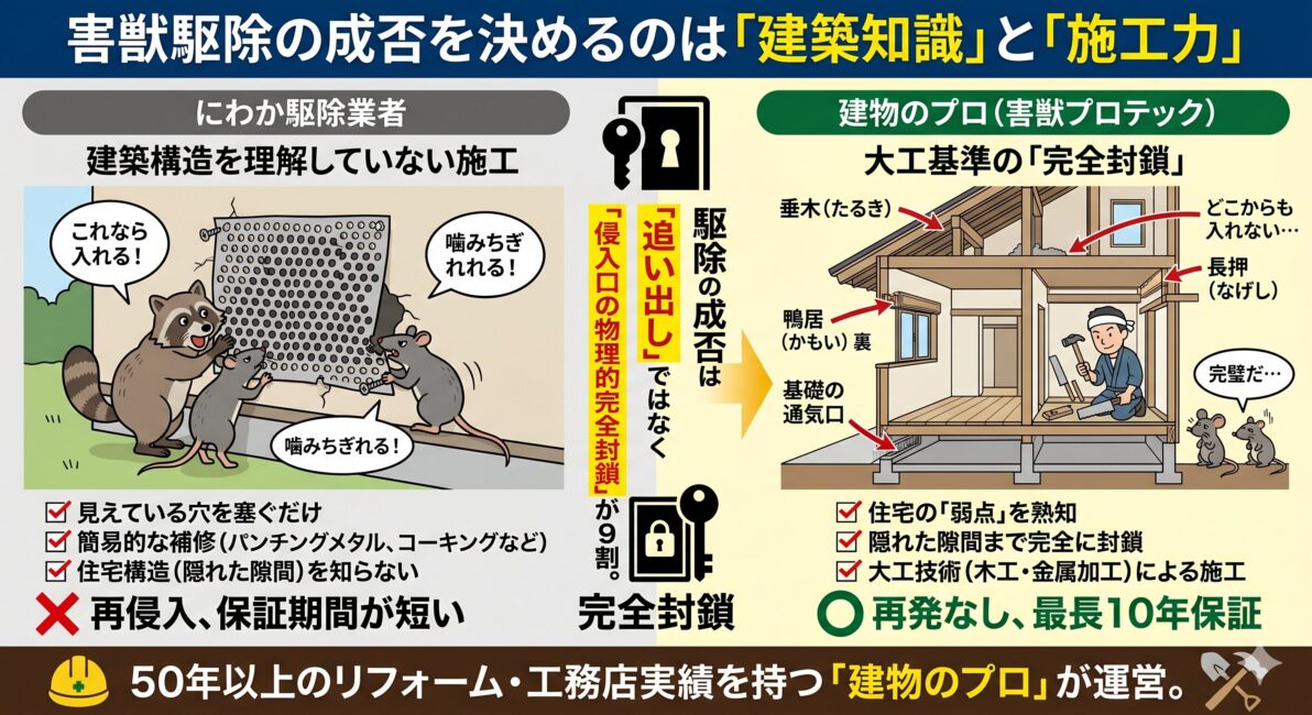 害獣駆除の成否は建築知識と施工力にかかっていることを説明する図解。左側は、建築構造を理解していない業者が、パンチングメタルで簡易的に穴を塞ぐ様子を描き、アライグマやネズミに破壊され再侵入されるリスクを表現。右側は、建物のプロ（工務店実績のある業者）が、垂木、基礎、鴨居裏、長押など、隠れた住宅構造の隙間を熟知し、大工技術で完全に封鎖する様子を描き、最長10年保証という高い信頼性を表現している。中央には、駆除の成功は「侵入口の完全封鎖」が9割であることを強調するテキストが配置されている。
