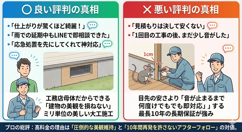 害獣駆除業者のリアルな口コミとそれに対するプロの検証をまとめた比較図解。左側は良い評判として、仕上がりの美しさ、LINEでのきめ細やかなフォロー、迅速な応急処置などの声を挙げ、工務店母体だからこそ建物の美観を損ねないミリ単位の美しい大工施工ができる仕組みを解説。右側は悪い評判として、料金が高めであることや1回目で音が止まらなかった声を挙げ、1cm以下の隙間を探す害獣の習性上1回で止まらないリスクはあるが、音が止まるまで何度でも無償で即対応する最長10年保証があるため安心であるという真相を解説。最下部には、高料金の理由は美観維持と10年間の再発防止アフターフォローの対価であるというプロの総評を記載