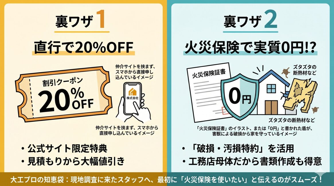 高額になりがちな害獣駆除の費用を劇的に抑えて実質0円を目指す2つの裏ワザの図解。左側は裏ワザ1として、公式サイトから直接申し込むことで適用される『限定20%OFFクーポン』を提示。右側は裏ワザ2として、害獣による断熱材や柱の破壊痕に対して火災保険の『破損・汚損特約』を適用するルートを提示。工務店が母体の駆除業者であれば、保険申請に必要な専門書類や写真の作成もスムーズに対応可能であることを解説。最下部には、現地調査時にスタッフへ火災保険利用の相談をすることが成功のコツであるというアドバイスを記載。
