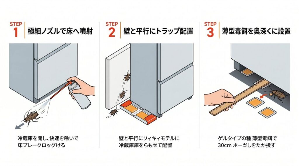 冷蔵庫を動かさずに下に潜むゴキブリを一網打尽にするプロ基準の3ステップを解説した図解イラスト。STEP1：細隙を狙う極細ノズルスプレーによる追い出し、STEP2：粘着トラップの配置、STEP3：毒餌の正しい設置場所を視覚的に説明しています。
