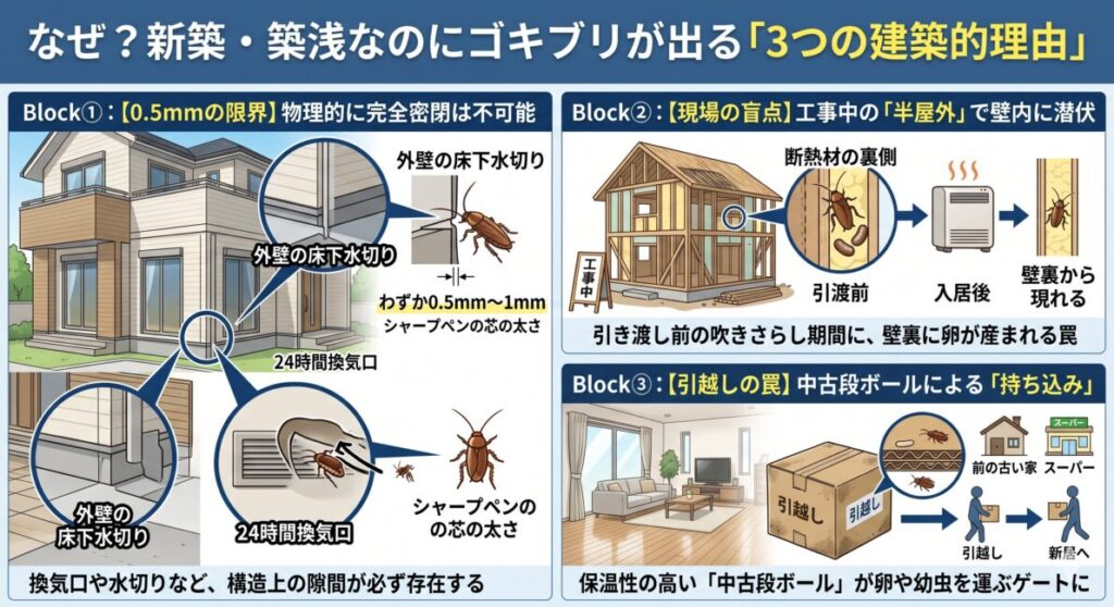 新築や築浅の住宅でゴキブリが発生する3つの理由を解説した図解。1つ目は、換気口や外壁の水切りなど構造上どうしても発生する0.5mmの隙間から赤ちゃんゴキブリが侵入する物理限界。2つ目は、建築中の半屋外状態の時に壁の断熱材裏へ卵が産み付けられ入居後に孵化する現場の盲点。3つ目は、引越し時にスーパー等からもらってきた中古段ボールの波状の隙間に潜む卵や幼虫を新居へ自ら持ち込んでしまう罠を解説したインフォグラフィック。