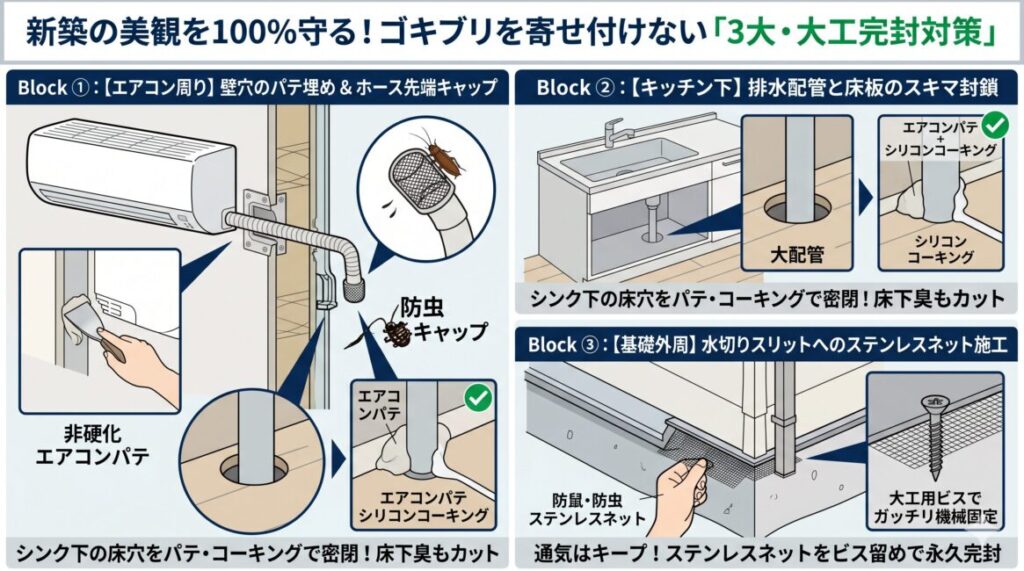 ゴキブリを家に寄せ付けないための「3大・大工完封対策」を解説した図解。1つ目は、エアコンの壁穴の隙間を非硬化パテで埋め、ドレンホース先端に防虫キャップを装着する対策。2つ目は、キッチンの引き出しの奥にある排水配管と床板の丸穴の隙間をパテやシリコンコーキングで密閉する対策。3つ目は、戸建ての外壁下端（水切り隙間）に、通気性を保ったまま0.5mmの虫の侵入も防ぐステンレスネットを大工用ビスでガッチリ機械固定するプロ工法の解説インフォグラフィック。
