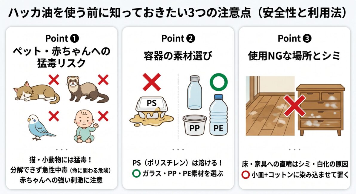 ハッカ油を使用する前の3つの注意点を解説した図解インフォグラフィック。1. 猫や小動物（フェレット・小鳥等）には成分を分解できず猛毒となるリスクと赤ちゃんへの影響、2. ポリスチレン（PS）容器を溶かすためPE・PP・ガラス製容器を選ぶべき素材の注意点、3. フローリングや木製家具への直噴はシミや白化の原因になるため小皿とコットンでの設置を推奨する対策をイラストで比較。