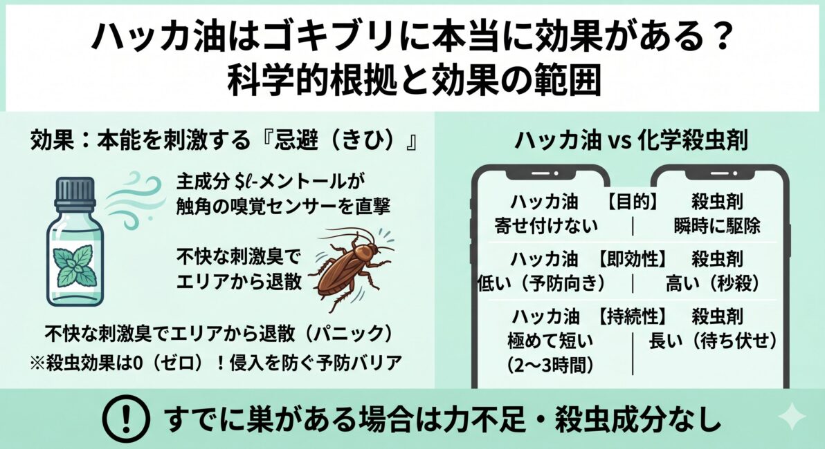 ハッカ油のゴキブリ忌避効果の科学的根拠と、化学殺虫剤との比較図解。主成分l-メントールがゴキブリの触角を刺激して遠ざける「忌避効果（殺虫効果はゼロ）」の仕組みを解説。右側では化学殺虫剤との違い（ハッカ油は予防向き・即効性低・持続2〜3時間と短い）を比較し、すでに発生した巣には力不足であることを伝えるインフォグラフィック。