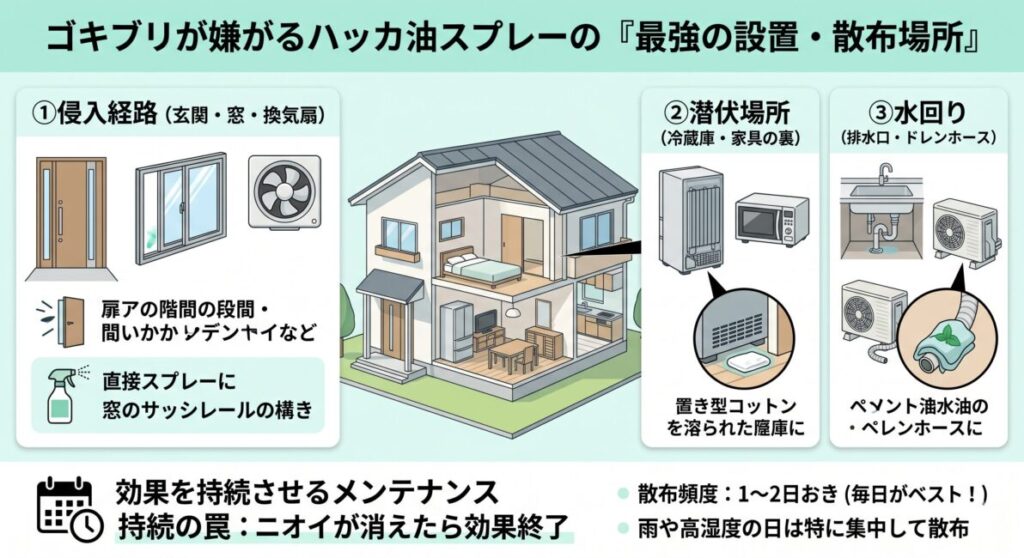 ゴキブリ対策としてのハッカ油スプレーの設置・散布場所とメンテナンス方法の図解。3つの最強エリアとして「1. 玄関・窓・換気扇などの侵入経路への直接スプレー」「2. 冷蔵庫や家具の裏などの潜伏場所への置き型コットン設置」「3. 排水口やエアコンのドレンホースなどの水回り」をイラストで解説。下部には効果を持続させるため「1〜2日おき（雨の日は特に集中）に散布する」という定期メンテナンスの重要性をまとめたインフォグラフィック。