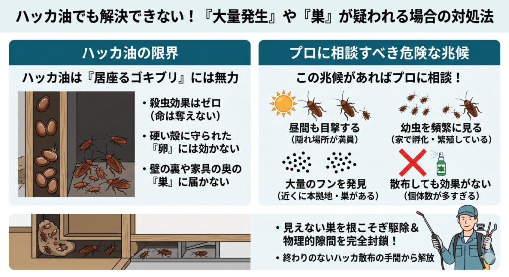 ハッカ油の限界とゴキブリ大量発生時の対処法を解説した図解インフォグラフィック。左側では、ハッカ油には殺虫効果がなく、壁裏の巣や硬い殻に守られた卵には無力であるという限界をイラストで説明。右側では、昼間の目撃、幼虫の頻繁な発見、大量のフン、ハッカ油が効かないといった「プロに相談すべき4つの兆候」を網羅。下部では、自力で届かない壁裏や床下の巣を根こそぎ駆除し、物理的隙間を完封するプロの施工による根本解決を提案する構成。
