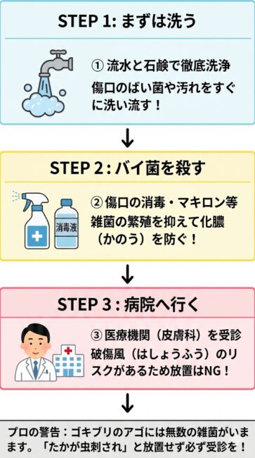 ゴキブリに噛まれた際の破傷風や化膿を防ぐ緊急応急処置3ステップを解説した縦型タイムラインの図解。ステップ1は『流水と石鹸で徹底洗浄』で、傷口のばい菌や汚れをすぐに洗い流す重要性を説明。ステップ2は『傷口の消毒』で、マキロン等を使用して雑菌の繁殖を抑え化膿を防ぐ工程を説明。ステップ3は『医療機関（皮膚科）を受診』で、ゴキブリの持つ雑菌による破傷風リスクを避けるため放置せず受診すべき流れを説明。全体を通して初めての事態でも落ち着いて対処できるシンプルな3工程として表現。