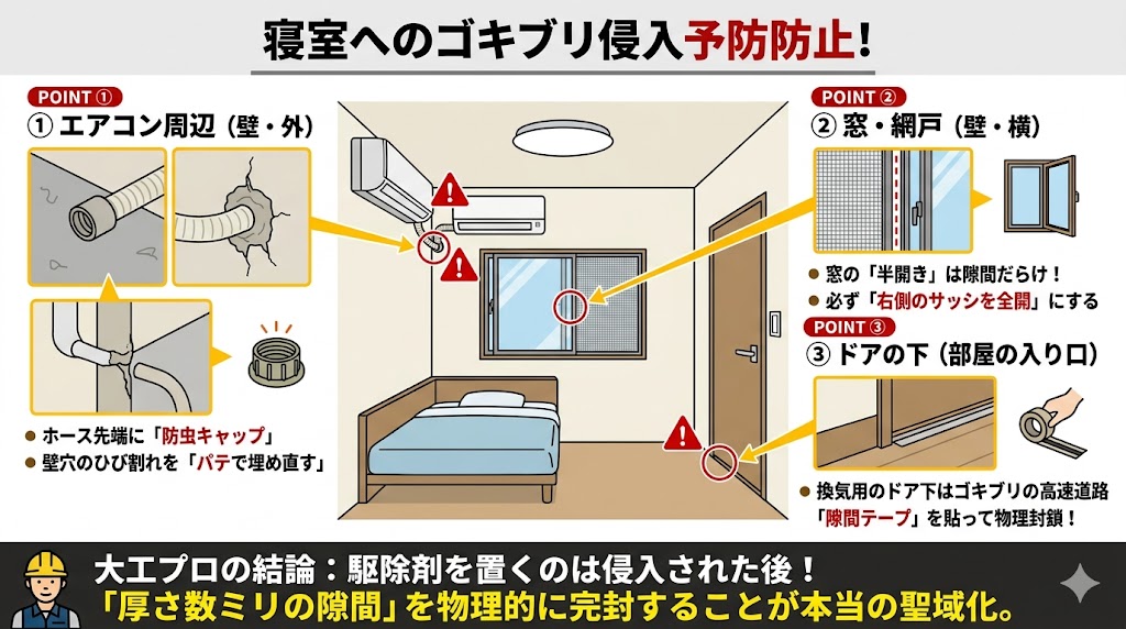 寝室へのゴキブリ侵入を完全に防ぐ3大経路と大工の完封術を解説したイラスト図解。1つ目はエアコン周辺で、ドレンホース先端への防虫キャップ装着と、壁穴の経年劣化でひび割れたエアコン配管パテの埋め直し対策を提示。2つ目は窓と網戸で、窓を半開きにすると構造上網戸との間に数ミリの隙間ができる建築的理由を説明し、右側サッシの全開ルールを提示。3つ目は寝室のドア下で、24時間換気のためのドア下の隙間から他室のゴキブリが這い上がるのを防ぐため、隙間テープで物理封鎖する対策を提示。隙間を無くす重要性を説明している図解。