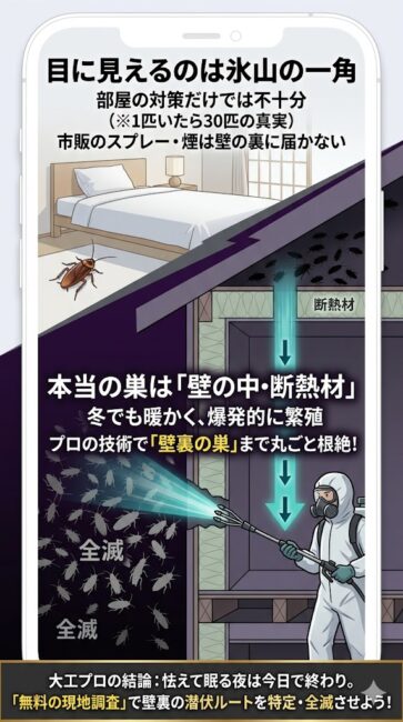 住宅の壁の裏で繁殖するゴキブリの巣の恐怖とプロによる根本駆除の仕組みを解説した構造断面図の図解。上部には1匹のゴキブリが見えるだけの一般的な室内を描き、市販のスプレーやくん煙剤は壁の裏まで届かない限界を説明。下部にはダークパープルの背景で壁の中、天井裏、床下の断熱材の隙間に無数のゴキブリが潜んで巣を作っている末期症状の現実を描写。この見えない壁裏の繁殖地に対し、専門業者が手が出せない隙間まで徹底調査し、薬剤注入によって巣を丸ごと完全駆除・根絶する重要性を説明している図解。