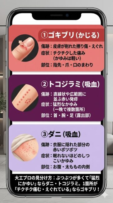 ゴキブリに噛まれた傷跡とダニ・トコジラミの刺し跡の見分け方をまとめた3段比較の図解。1段目はゴキブリで、特徴は針穴ではなく皮膚が削り取られたような切り傷やえぐれであり、症状はチクチクした痛みが中心で、指先や口のまわりに発生しやすいと解説。2段目はトコジラミで、特徴は一晩で直線状や密集してできる赤い発疹であり、猛烈なかゆみを伴い首や腕などの露出部に発生しやすいと解説。3段目はダニで、衣服の内側のお腹や太ももに赤いポツポツができ、数日以上しつこいかゆみが続くと解説。かゆみと痛みの違いで原因虫を見分けるための図解