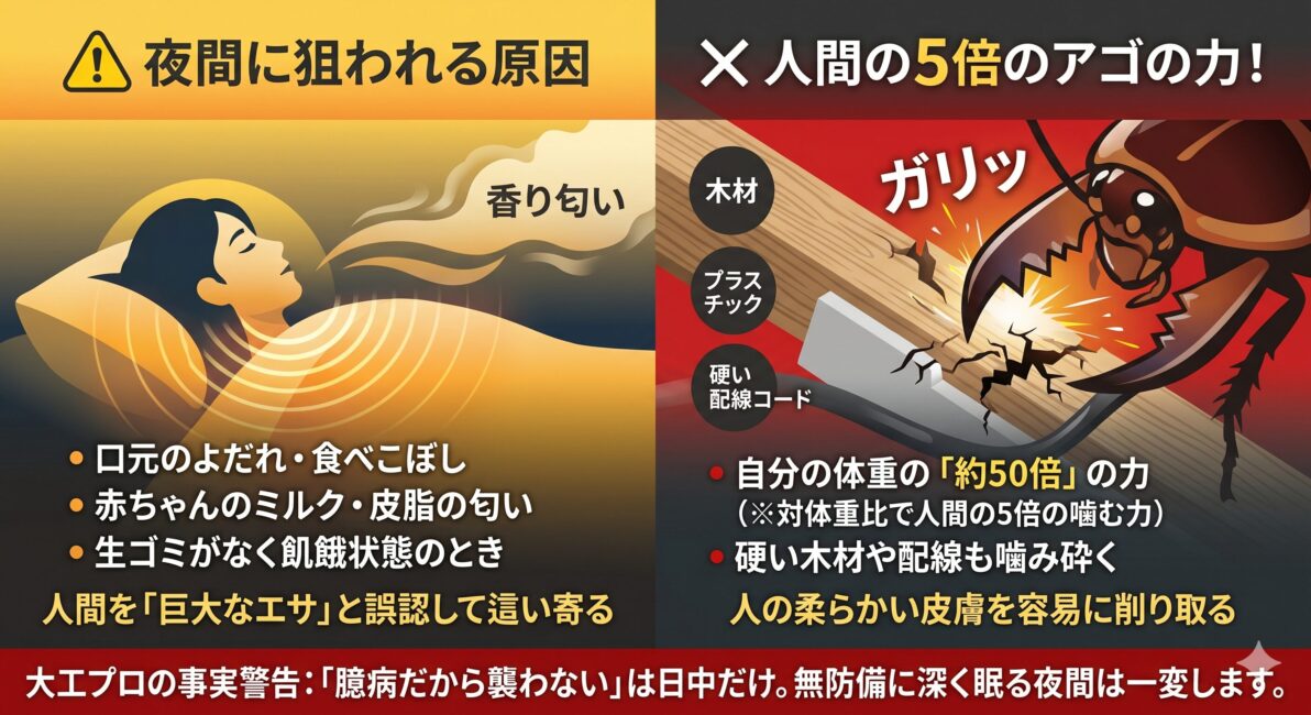 寝ている人間をゴキブリが噛む理由と驚異のアゴの力を解説した比較図解。左側は狙われやすい状況として、就寝中の口元のよだれや食べこぼしの匂い、赤ちゃんのミルクや皮脂の匂い、室内の生ゴミが片付き飢餓状態になったゴキブリが人間をエサと誤認して這い寄るリスクを黄色で解説。右側はアゴの破壊力として、ケンブリッジ大学の研究で証明された『体重の約50倍（人間の5倍に匹敵する比率）の噛む力』を提示し、木材や電線の配線すら噛み砕くアゴで寝ている人の皮膚を容易に傷つける事実を赤色で解説している図解。