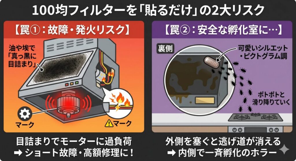 換気扇に100均の不織布フィルターを貼るだけの対策に潜む2つの罠の図解。左側は「フィルター目詰まりによる故障・火災リスク」として、油分で詰まったフィルターのせいでレンジフードのモーターが異常発熱し、内部ショートや発火、高額な交換費用を招く仕組みを描写。右側は「フィルター内側での一斉孵化リスク」として、レンジフード裏に産み付けられた卵（卵鞘）がフィルターによって逃げ道を失い、内側で一斉に孵化してキッチンのコンロへ這い出てくる被害構造を対比して解説しているイラスト。