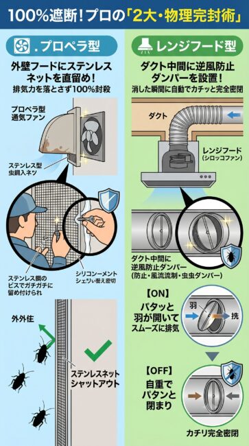 換気扇のタイプに合わせた大工プロの2大物理完封施工の図解。左側はプロペラ型換気扇の対策として、外壁のウェザーカバーに錆びないステンレス製防虫ネットをビス留めし、周囲をシリコンで完全シーリングして外からの這い上がりを100%遮断する工法を解説。右側はレンジフード型の対策として、天井裏の排気ダクト中間にワンウェイバルブ（逆風防止・防虫ダンパー）を設置し、換気扇停止時に自重でパタンと閉まってダクトの逆走ゴキブリを完全密閉で完封する仕組みを対比して解説しているイラスト。