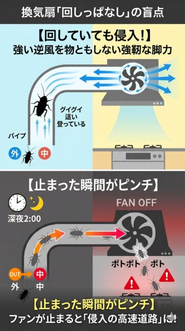 換気扇を回しっぱなしにしてもゴキブリが侵入する理由を解説した構造図解。上部には「換気扇作動中」として、ファンの回転による強い逆風に逆らい、トゲのある脚でダクト内壁にしがみついて這い登るクロゴキブリの驚異的な身体能力を描写。下部には「換気扇停止中」として、タイマーなどでファンが止まった深夜、風圧の壁が消えて障害物ゼロになったダクトを通り抜け、キッチンのコンロへダイレクトに侵入する仕組みを対比して解説しているイラスト。