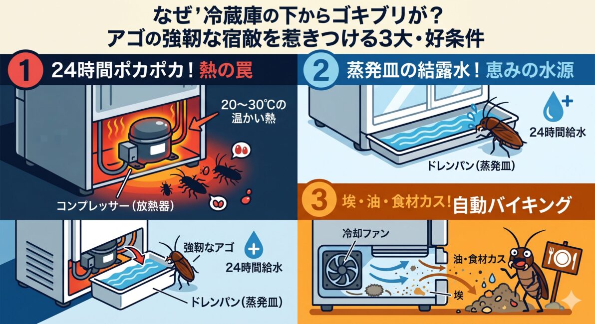 冷蔵庫の下がゴキブリの「サウナ地帯」になる理由を解説する図解イラスト。①コンプレッサーの熱（20-30℃）、②ドレンパンの結露水（24時間給水）、③冷却ファンが吸い込む埃・油・食材カス（自動バイキング）。これら3つの好条件が揃っていることを示しています。