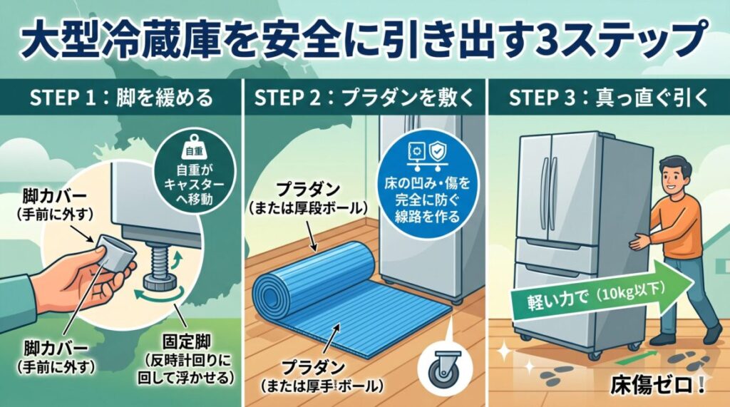 大型冷蔵庫を床傷ゼロで安全に引き出す大工直伝の3ステップ手順の図解。脚カバーを外してアジャスターを緩め、床にプラダンを敷き、持ち手に指をかけて10kg以下の軽い力で手前に真っ直ぐ引き出す方法の解説