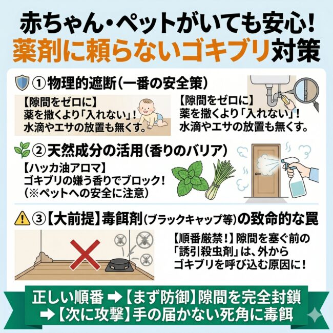 子どものやペットの健康を守る薬剤不使用のゴキブリ対策を解説した図解インフォグラフィック。シンク下などの隙間埋めや水滴の拭き取りによる物理的遮断、ハッカ油やレモングラスを用いた天然成分の忌避効果（ペットへの注意点含む）を紹介。さらに、隙間を塞ぐ前に誘引殺虫剤（毒餌剤）を置くと外からゴキブリを呼び込む事故になる罠を警告し、まず隙間を完全封鎖してから手の届かない死角に毒餌を置くという正しい防除の順番をスマホ向けにまとめたイラスト。