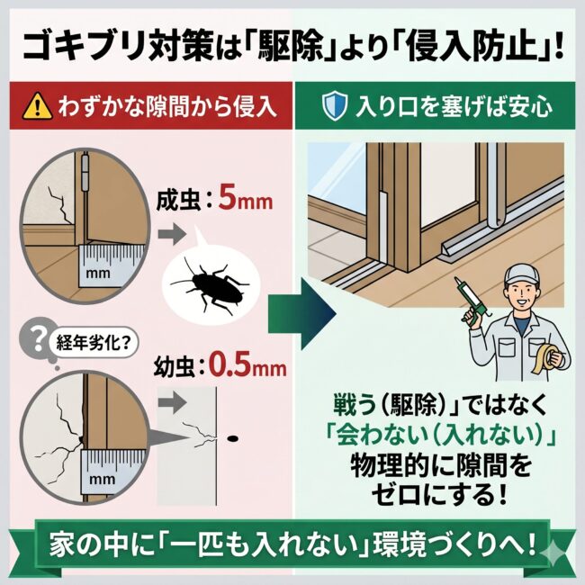 ゴキブリ対策において駆除よりも侵入防止が最優先である理由を解説した図解インフォグラフィック。ゴキブリの成虫は1.5ミリから2ミリ、生まれたての幼虫はわずか0.5ミリの微細な隙間からでも室内に滑り込む驚異的な身体構造をイラストで可視化。家の中に一匹も入れないために、ドア下や壁の隙間を物理的に塞いで遭遇をゼロにする大工直伝の防除マニュアル図。