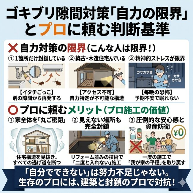 ゴキブリの自力対策の限界とプロに依頼すべき判断基準（トリアージ）を解説した図解インフォグラフィック。中途半端な封鎖は別の隙間への逃げ道を作るだけというリスクや、築古・木造住宅における床下・天井裏など自力特定が困難なブラックボックスの実態、また精神的ストレスの限界という3つの限界サインを紹介。それに対し、家全体を丸ごと密閉し、二度と入られない完全封鎖施工を行うプロの技術と、それによって得られる圧倒的な安心感をスマホ向けにわかりやすく比較したイラスト。