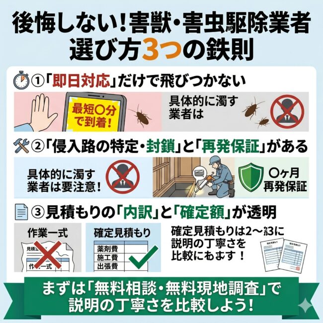 失敗しない害獣・害虫駆除業者の選び方3つのポイントをまとめた図解インフォグラフィック。1つ目は『即日対応だけで選ばない』としてパニック状態での高額契約や料金を濁す電話対応への注意を喚起。2つ目は『侵入経路の特定・封鎖と再発保証があるか』として薬剤散布だけでなく物理的封鎖とアフターフォローの重要性を解説。3つ目は『透明性のある見積もり』として追加料金の有無や内訳の細かさ、相見積もりの有効性を提示し、スマホ向けに文字量を抑えて視覚化したイラスト。